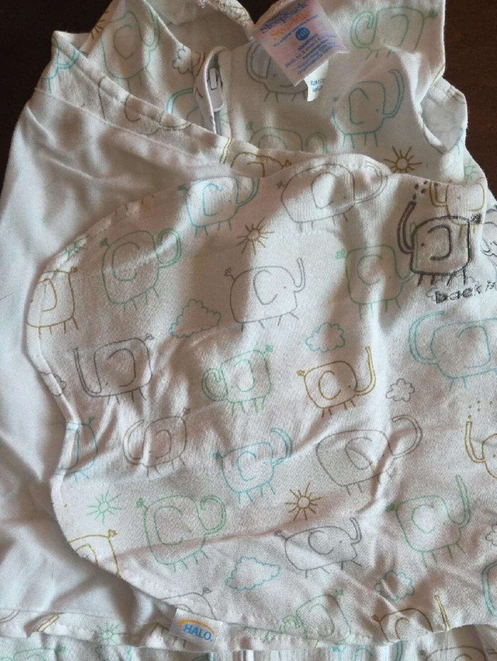HALO White Sleep Sack with Mint and Tan Elephant Print